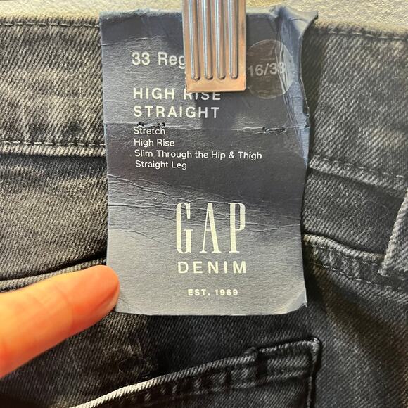 GAP NWT Jeans High Rise Straight Black Denim Raw Hem Slim Comfy Stretch 16/33 - Picture 7 of 7